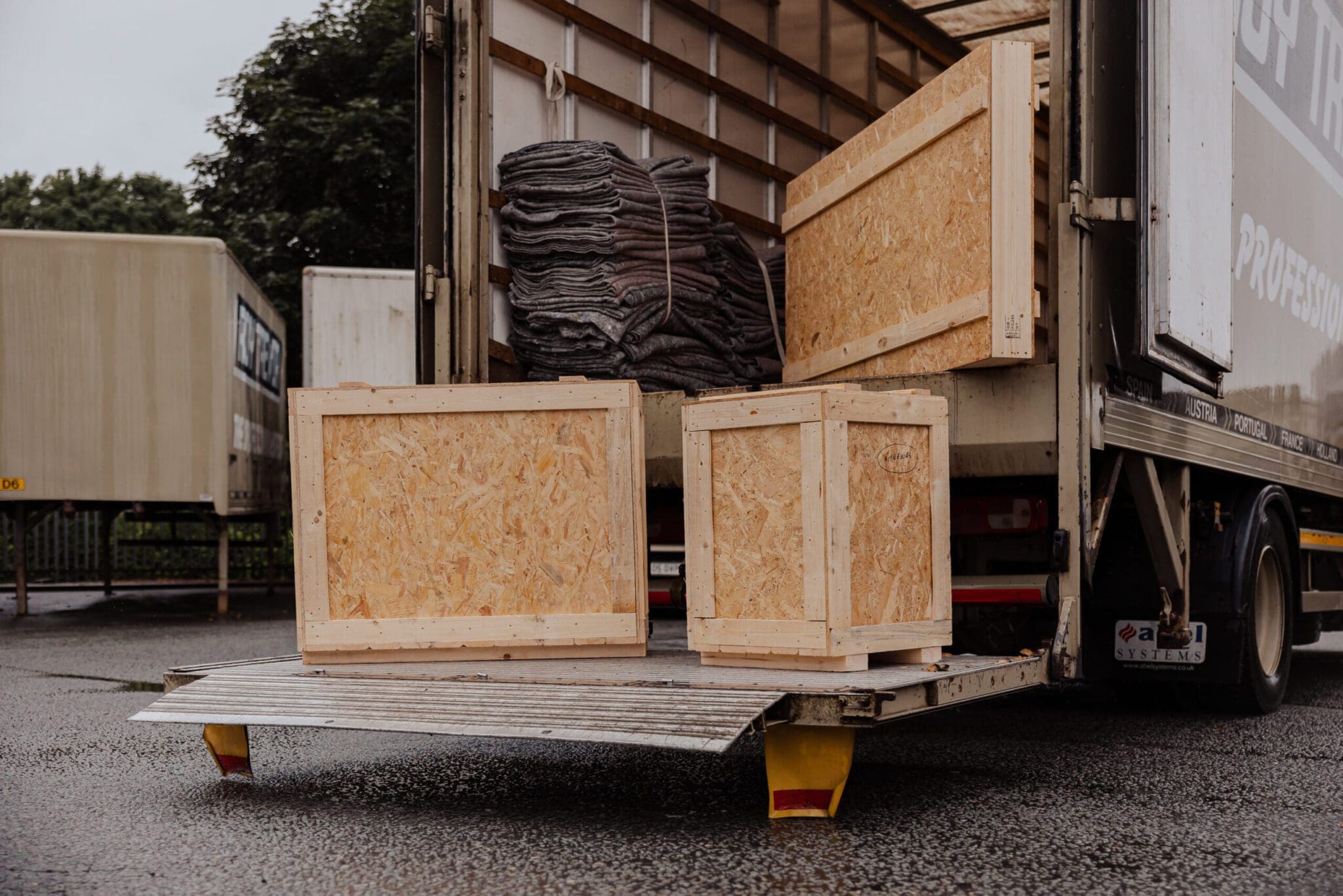 wooden crates in a truck